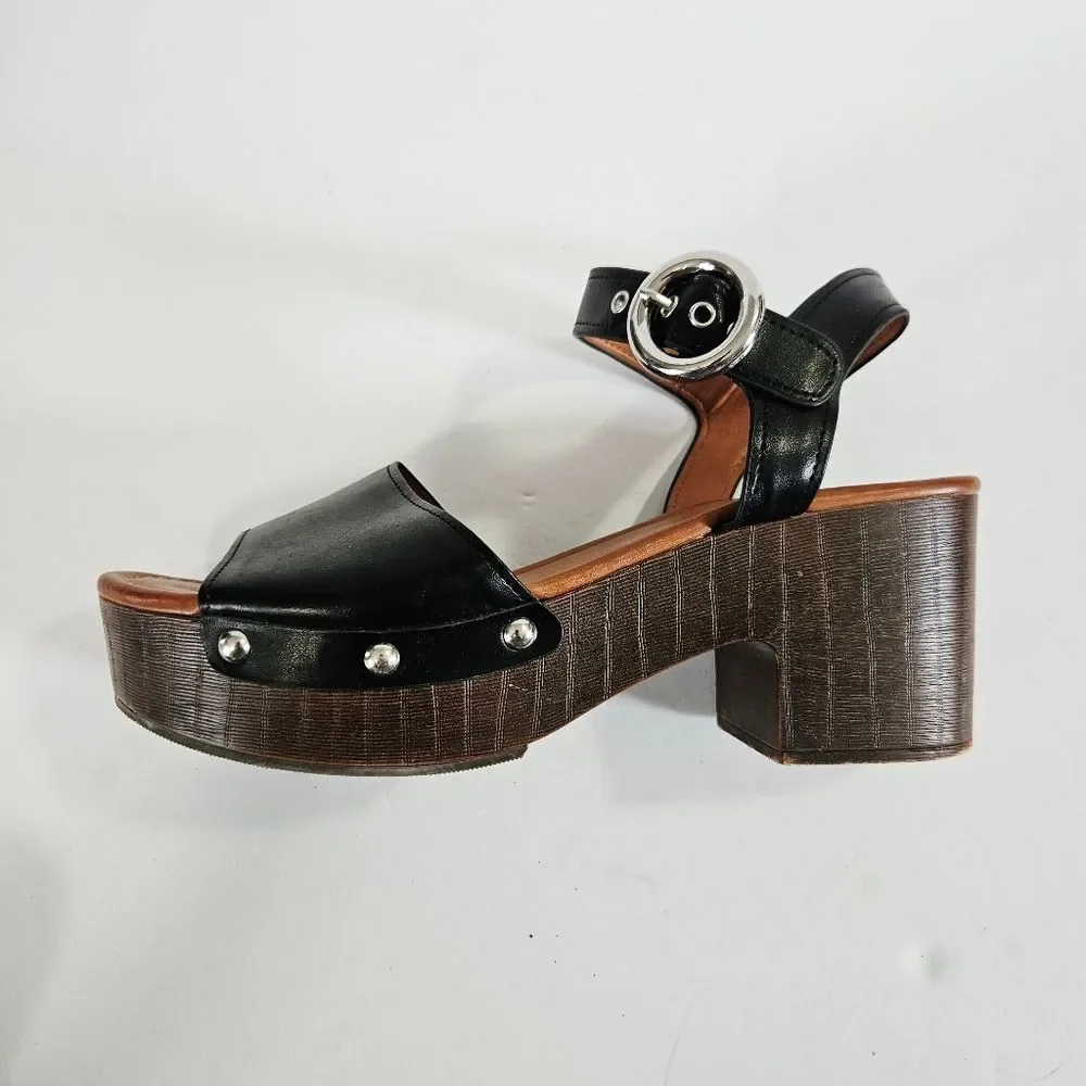 Nine West Jayce Black Stud Buckle Detail Chunky Wood-Look Platform Sandal 10